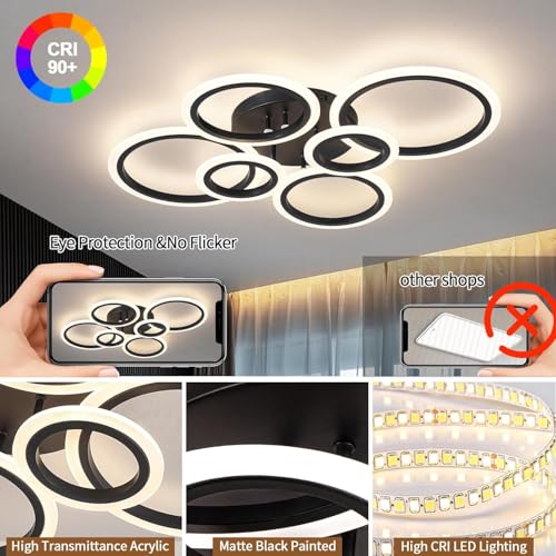 Shine LUEST 6 Rings Black Modern LED Ceiling Light Fixture, Flush Mount Ceiling Light with Remote Dimmable Brightness, Adjustable 3000-6000K Color Temperature, Timer for Living Room, Bedroom - color: Black, 6 Rings