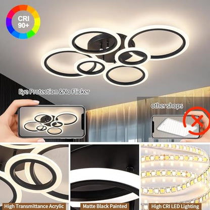 Shine LUEST 6 Rings Black Modern LED Ceiling Light Fixture, Flush Mount Ceiling Light with Remote Dimmable Brightness, Adjustable 3000-6000K Color Temperature, Timer for Living Room, Bedroom - color: Black, 6 Rings