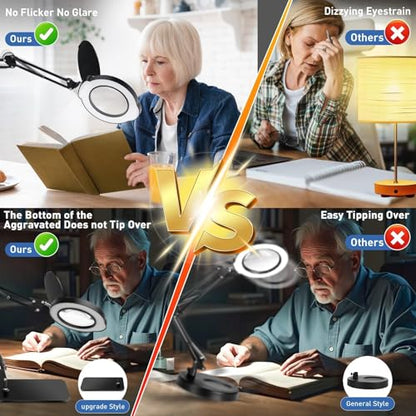15X Magnifying Glass with Light & Stand,Real Glass,RTM Safety Protection,5 Colors Stepless Dimmable Eye-Caring LED,2-in-1 Hands-Free Desk & Clip-On Magnifier for Reading Crafts Painting & Repair