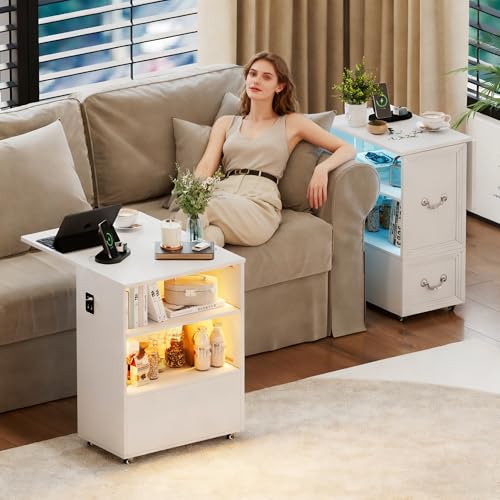 Lareth Rolling Side Table with Wheels, Led Lights & Charging Station | Foldable Desktop Narrow End Table, 1 Drawer, 2 Bookshleves, 27.56"H Tall Nightstand for Small Space, Living Room, White - color: B White