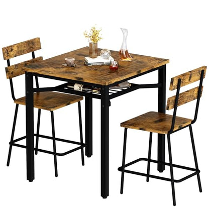Hooseng 3 Piece Bar Table and Chairs Set, Counter Height Small Dining Table with 2 Bar Stools, Farmhouse Square Kitchen Table with Storage for Bistro, Pub, Small Space - color: Brown
