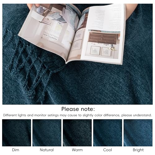 BATTILO HOME Navy Blue Chenille Throw Blanket for Couch, Soft Cozy Textured Knit Throw Blanket with Handmade Fringe Tassels, Lightweight Decorative Farmhouse Blanket for Sofa Bed Chair, 50"x60" | Soft Chenille Knit with Handmade Fringe Tassels, Lightweigh