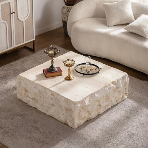 35.43'' Square Faux Stone Coffee Table, MgO Concrete Drum Center Table, Modern Minimalist Faux Marble Square Coffee Table for Living Room, Apartment, Office, No Assembly, Beige - color: 35.43'' Square Beige