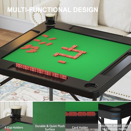 Folding Card Table, 35.4" Square Mahjong Table with Green Felt, Chip Trays and Cup Holders, Portable Domino Tables for 4 Players, Card Game Tables for Mahjong Poker Domino Game, Black - color: Black