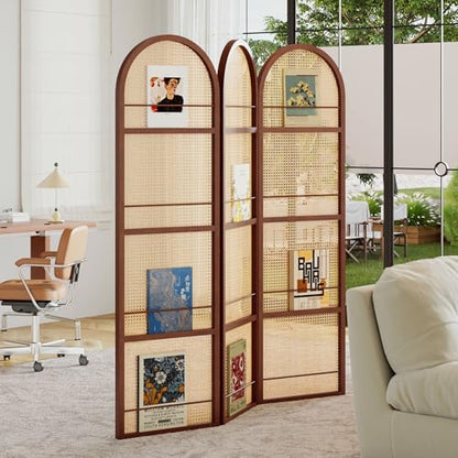 Rattan Room Divider with Bookshelf,Foldable Privacy Screen Partition,Wooden Frame,Natural Portable for Living Room,Bedroom Home,Office Reading Nook (Walnut, 3 Panels) - color: Walnut