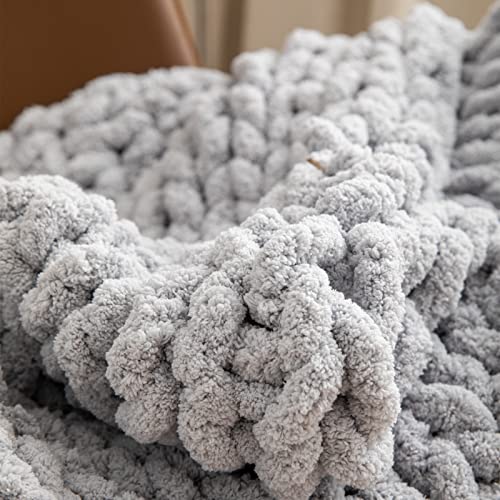 WESHIONGOO Chunky Knit Blanket Throw for Couch 40"×40" Light Grey | 100% Handmade Knitted Throw blankets Fluffy Soft Blanket With Jumbo Chenille Yarn Thick - color: Light Grey, size: 40"x40"(Small Size Throw)