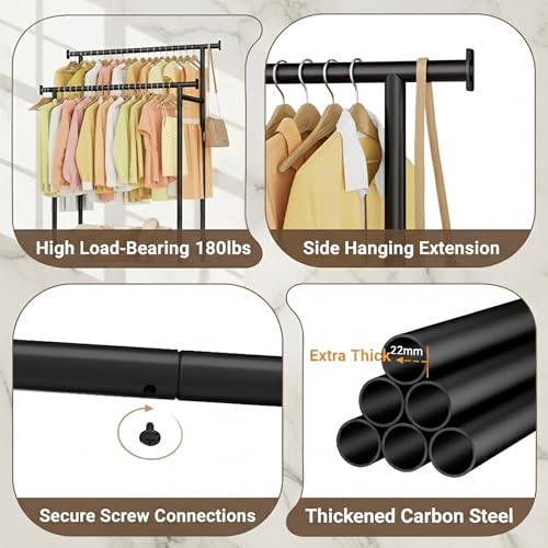 Double Rods Clothes Rack with Wheels, Garment Racks for Hanging Clothes, Multifunctional Metal Clothing Racks, Portable Wardrobe Rack for Clothing Organizers and Storage, Black