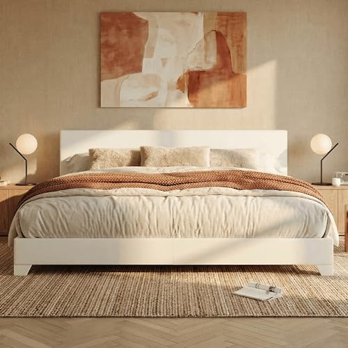 SHA CERLIN PU Leather Upholstered King Size Bed Frame with Headboard,White | Adjustable Low-Profile Platform Bed, Minimalist Design, Stable Mattress Foundation, Strong Back-Support, No Box Spring Needed - color: Off-white, size: King