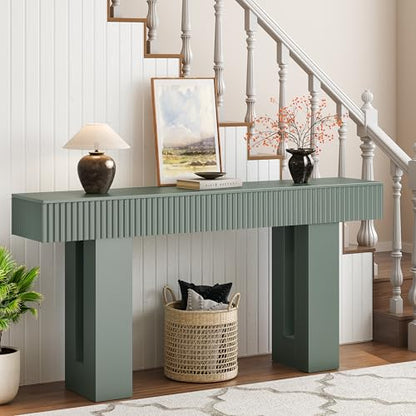 63-Inch Long Entryway Console Table with a Fluted Design, Thick Wood Farmhouse Sofa Table Behind Couch, Narrow Hallway Accent Table for Living Room, Foyer, Entrance,Green - color: Green, size: 63 Inch