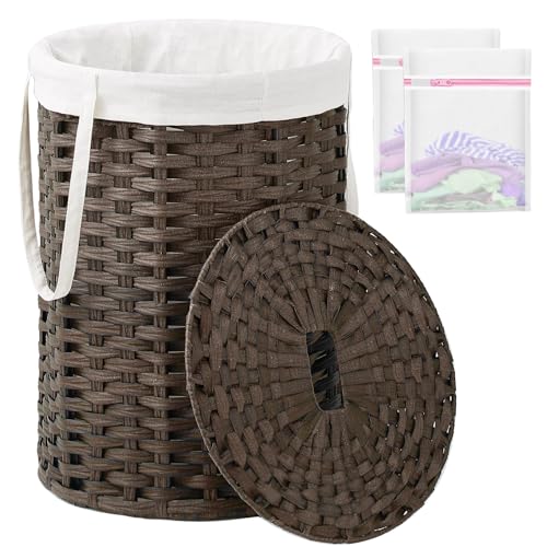 SETVSON Laundry Hamper with Lid, 19.0 Gal (72 L) Round PE Rattan, Brown | 72L Woven Hamper with Lid, Removable Washable Liner Bag, 2 Mesh Laundry Bags, Strong Steel Frame, Foldable Long Handles - color: Brown, size: 72 L