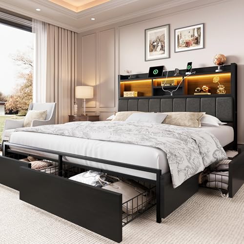 Queen Bed Frame with 6 Storage Drawers, Bed Frame Queen Size with Linen Upholstered Headboard, Built in Charging Station and LED, No Noise, Metal Support, No Box Spring Needed,Vintage Black - color: Black and Grey, size: Queen