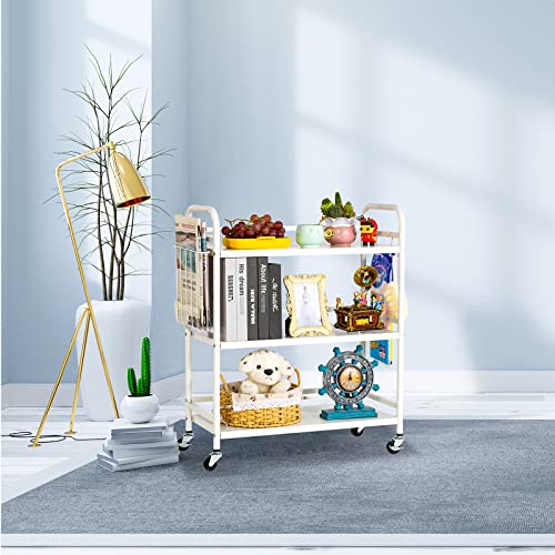 HDANI 3 Tier Metal Rolling Utility Cart,High Capacity Multi Purpose Heavy Duty Cart for Office,Kitchen,Living Room,Bedroom,White - color: White, size: Large Solid with Basket