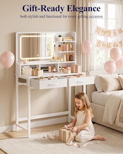 Kitsure 31.5" W Small Vanity Desk with Mirror and Lights, 2 Fabric Drawers | Bedroom, Gifting, Makeup Vanity, 6 Open Shelves, 3 Lighting Modes, Stable Frame, White