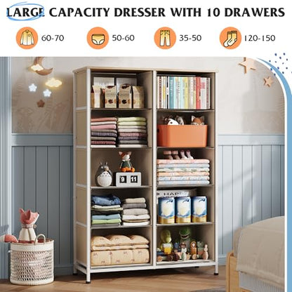 WLIVE Tall Dresser for Bedroom with 10 Fabric Drawers, Cream White | 10 Drawers, Fabric Dresser for Closet, Storage Tower with Cabinet, Metal Frame - color: Cream White