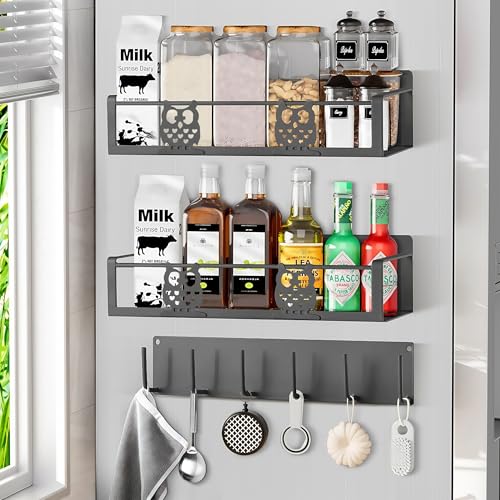 Spice Rack Magnetic for Fridge,Magnetic Fridge Shelf,Spice Shelf,Condiment Organizer,Refrigerator Organizers and Storage with Magnetic Hooks,Owl Kitchen Decor(Gray) - color: Gray