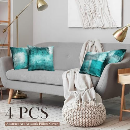 Teal Abstract Throw Pillow Covers 18x18 Set of 4 | Turquoise & Grey Modern‑Art Cushion Covers, aesthetic accent pillowcases for sofa, bedroom and chair - color: Teals & Turquoise, size: 18" x 18" (Pack of 4)