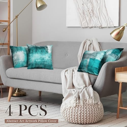 Teal Abstract Throw Pillow Covers 20x20 Set of 4 | Turquoise & Grey Modern‑Art Cushion Covers, aesthetic accent pillowcases for sofa, bedroom & chair. - color: Teals & Turquoise, size: 20" x 20" (Pack of 4)