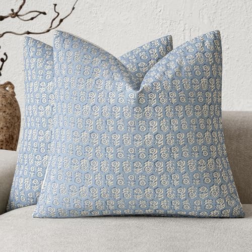 Foindtower Set of 2 Decorative Vintage Floral Print Throw Pillow Covers Neutral Modern Farmhouse Cushion Covers Boho Home Decor for Sofa Chair Couch Bedroom Living Room Outdoor,18×18 Inch,Powder Blue - color: Powder Blue, size: 18" x 18" (Pack of 2)