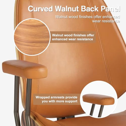 Modern Mid Back Office Chair, Adjustable Swivel Desk Chair with Arms, Brown | Faux leather seat, wood accent detail, mid-back with padded armrests, adjustable swivel, for home office, bedroom & study - color: Brown, size: 1-Piece Back / No Headrest