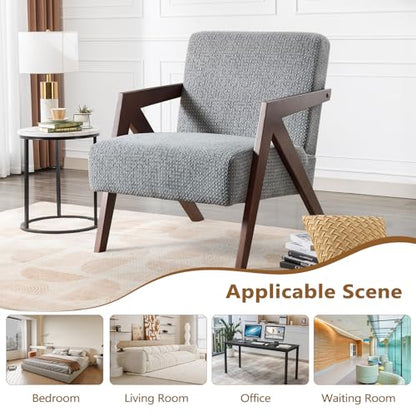 Bonzy Home Mid-Century Modern Accent Chair Set of 2 with Wood Frame, Upholstered Armchair for Bedroom & Living Room, Linen Fabric Cushion, Z-Shaped Armrest Design, Sturdy Lounge Chair - color: Light Gray, size: 2PCS
