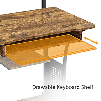 Yaheetech Small 3-Tier Rolling Computer Desk, Power Outlet, Rustic Brown | Engineered wood tiers and metal frame suit small spaces, holding a monitor, printer, and keyboard tray by a built-in outlet. - color: Rustic Brown