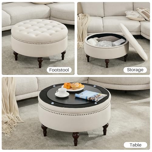 31.5" Round Storage Ottoman, Tufted Linen Coffee Table, Beige | Large Ottoman with Solid Wooden Legs and Nailheads, Side Table for Living Room Bedroom Office - color: Beige