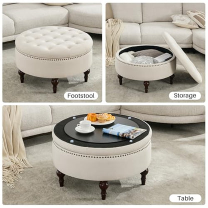 31.5" Round Storage Ottoman, Tufted Linen Coffee Table, Beige | Large Ottoman with Solid Wooden Legs and Nailheads, Side Table for Living Room Bedroom Office - color: Beige