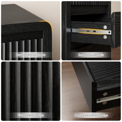 LYNSOM Fluted Nightstand Set of 2, Wood End Table with 3 Drawer, Black | Mid Century Modern Night Stand with Stoarge, Bedside Table with Curved Profile Design for Living Room, Office, 20" W - color: Black, size: 3 Drawers