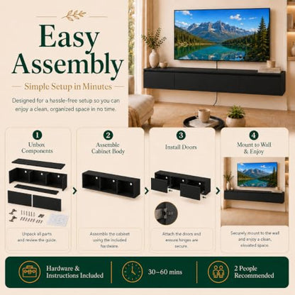 Black Floating TV Stand Wall Mounted, 72.8" Media Console | Fits Up to 80* TV, Black finish, midcentury modern tv stand. - color: Black-c