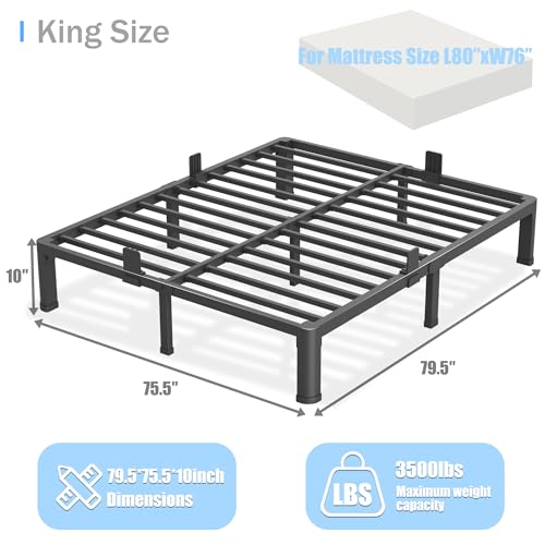 10 inch King Size Bed Frame with Round Corner Legs Mattress Slide Stopper,Low Profile Heavy Duty Metal Platform,Steel Slat Support,No Box Spring Needed,Easy Assembly,Noise Free - size: King, style: 10 inch
