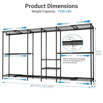 VIPEK X4 Expandable Heavy Duty Clothes Rack Wardrobe Closet Organizer Black | Large Reach-in & Walk-in Closet System with Adjustable Shelves & Hanger Rods from 7'4" to 10'2", Metal Clothing Rack, 1530LBS