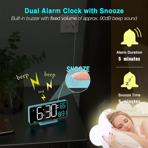 Digital Alarm Clock, 6.7in Digital Clock for Bedroom, Auto Dimming, Room Temperature, Day of The Week, Seconds, Date, Desk Clocks for Living Room, Alarm Clocks for Bedrooms - color: Blue (White + Blue Digits)