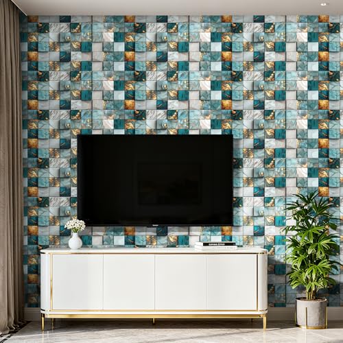 ReWallpaper Teal Gold Marble Backsplash Wallpaper Peel and Stick Kitchen Wallpaper Waterproof Vinyl Wall Covering Removable Contact Paper for Stove Wall Bathroom Backsplash Laundry Room 17.5in x 10ft - size: 17.5in x 10ft