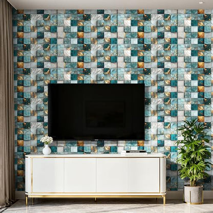 ReWallpaper Teal Gold Marble Backsplash Wallpaper Peel and Stick Kitchen Wallpaper Waterproof Vinyl Wall Covering Removable Contact Paper for Stove Wall Bathroom Backsplash Laundry Room 17.5in x 10ft - size: 17.5in x 10ft