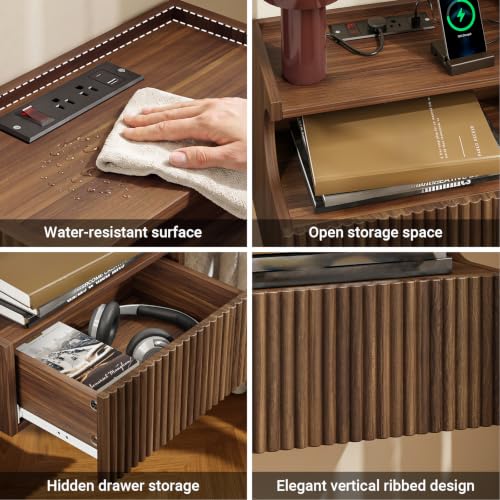 SoBuy Floating Nightstand with Charging Station and LED – Wall Mounted Bedside Table with Drawer and Shelf, Modern Floating Nightstand for Bedroom and Living Room, Walnut Wood Finish FBT180-E-N - color: Walnut, size: Wall Mounted