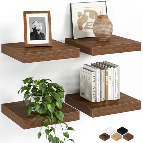 Fun Memories Floating Shelves for Wall, 9.3 Inch Set of 4 Rustic Wood Wall Shelves with Invisible Brackets, Heavy Duty Storage Display for Bathroom Bedroom Living Room Kitchen, Walnut - color: Walnut Brown, size: 9.3"W x 9.3"D, Set of 4