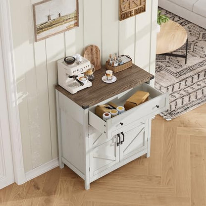 ChooChoo 30" W Coffee Bar Cabinet, Kitchen Storage Cabinet with Drawer | Small Buffet Cabinet, Farmhouse Sideboard Buffet, Adjustable Shelf, Rustic White - color: Rustic White