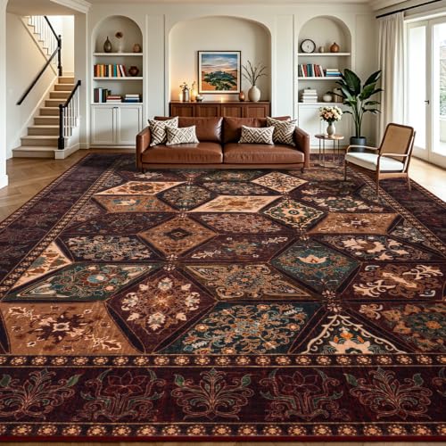 Vintage Rug 8x10, Washable Distressed Patchwork Rug for Living Room, Brown | Elegant Floral Bedroom Carpet with Non Slip Low Pile, Moroccan Burgundy Design for Office Apartment Dining Room - color: Brown/Burgundy, size: 8x10 Feet