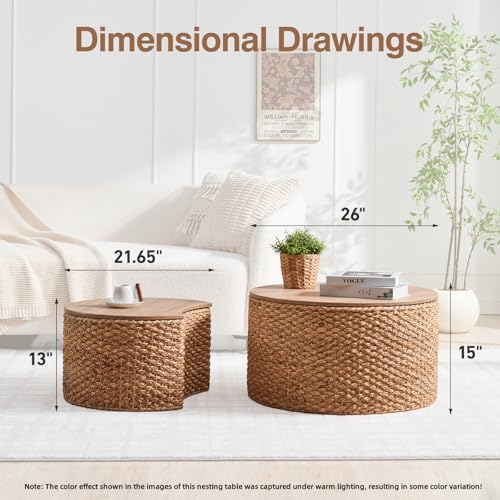Round Nesting Coffee Table Set of 2 with Storage - Handwoven Wicker Rattan Ottoman Style, Boho Coastal Coffee Tables for Living Room, Rattan Coffee Table with Cover & Soild Wood Frame - color: Natural (Under Warm Light)