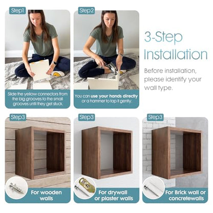 Cube Floating Shelves Set2, Display Shelves Wall Mount 7.75" D x 12.5" W x 12.5" H, (Walnut, Square 2 Cubes) - color: Dark Walnut, size: Square-Set2