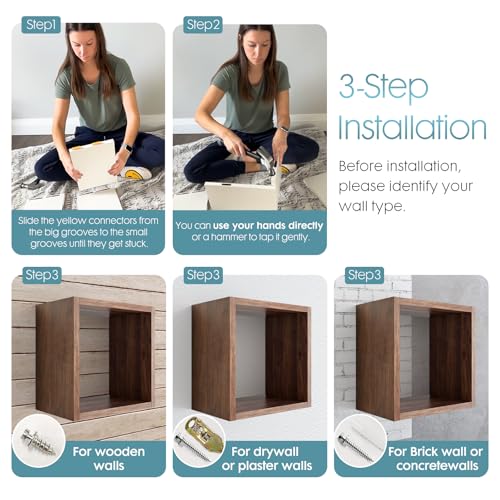 Wall Mount Shelf Set of 3, Floating Cube Shelves for Space Discovery Home and Commercial Use, Large Size Shelves Set, Dark Walnut - color: Dark Walnut, size: Set3