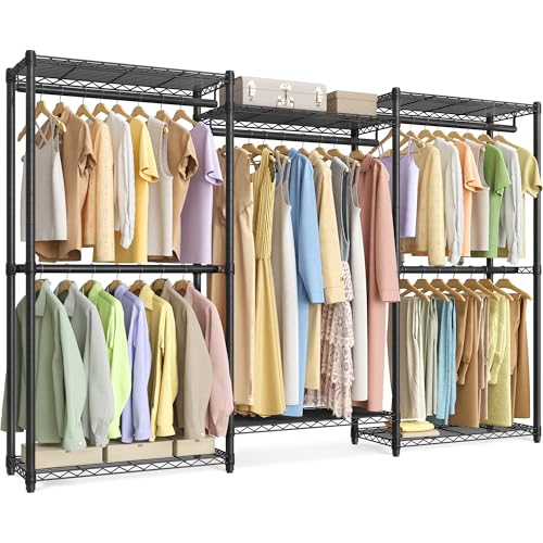 SONGMICS Heavy-Duty Clothes Rack, Garment Rack, Portable Closet, 86.4-Inch Wide Clothing Rack with Adjustable Mesh Shelves and Hanging Rails, Ink Black ULGR434B01 - color: Ink Black, size: 86.4"L x 76"H, style: Without Fabric Cover