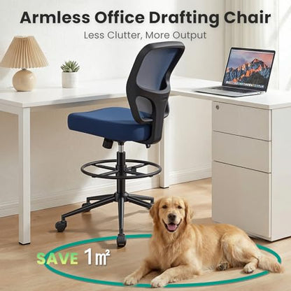 Armless Drafting Chair Tall Office Chair for Standing Desk - Adjustable Height Mesh Ergonomic Drafting Stool with Foot Ring & Wheels, Rolling Counter Height Computer Chair for Home Office - color: Deep Blue