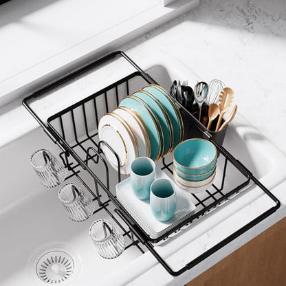 Sakugi Dish Drying Rack in Sink - Expandable Stainless Steel Dish Rack Over The Sink, Kitchen Sink Drain Strainer with Cutlery Holder & Cup Holders, 15.4 x 11.3 x 6.6 Inch, Black - color: Black, size: Large - 15.4" x 11.3" x 6.6"