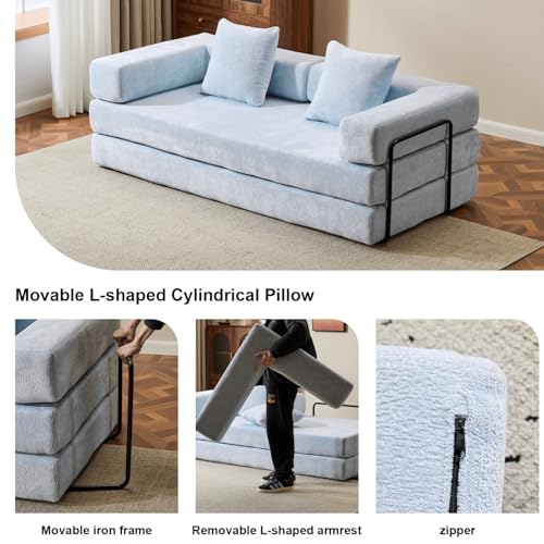 Alpen 77" Futon Couch Bed, 4-in-1 Convertible Sleeper Queen with L-Shaped Armrests, Floor Couch Beds, Lazy Sofa for Living Room Bedroom, Apartment, Light Blue - color: Blue-chenille