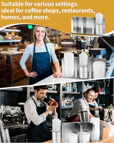 Stainless Steel Cup Dispenser,3 Compartments Cup Holder and Lid Holder with Adjustable Dividers,Cup Organizer for Kitchen Cabinets Cafe Shop Restaurant,Includes Straw Holder - size: 3 Compartments