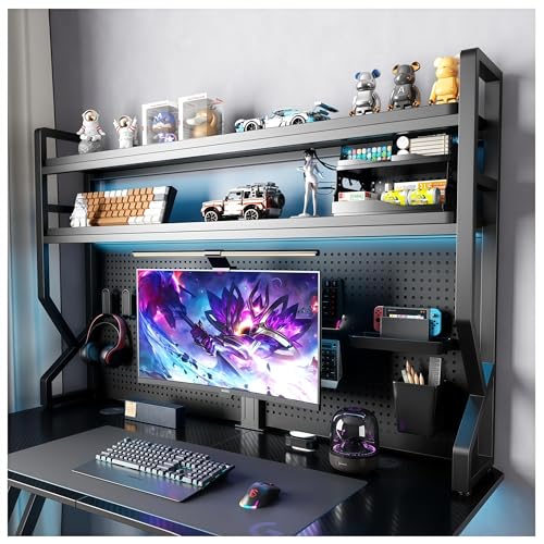 Desktop Hutch Bookshelf,Many Gifts,Metal Desktop Bookcase with pegboard, Desk Shelf, Countertop Storage Organizer Rack for Dorm or Office,Desktop Shelves (Black, 37.4" Lx9.9 Wx39 H) - color: Black, size: 37.4" Lx9.9 Wx39 H
