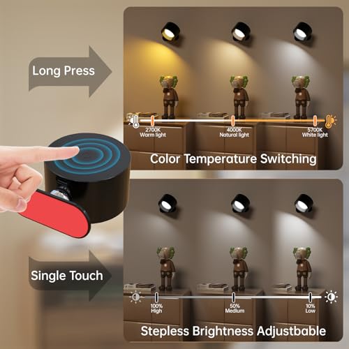 Deyagoo 3PACK LED Wall Sconce, Rechargeable Wall Light with Remote-Black | 3 Colors, Dimmable, Magnetic Rotating Head, 360 Degree Rotate - color: Black-D