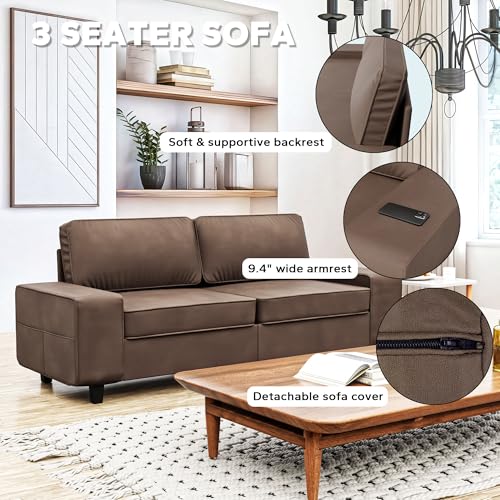 84" Loveseat Couch, 3 Seater Leathaire Sofa with 4 Side Pockets, Removable and Washable Cushions, Living Room，Apartment, Office (Coffee) - color: Coffee Leathaire, size: 84 "