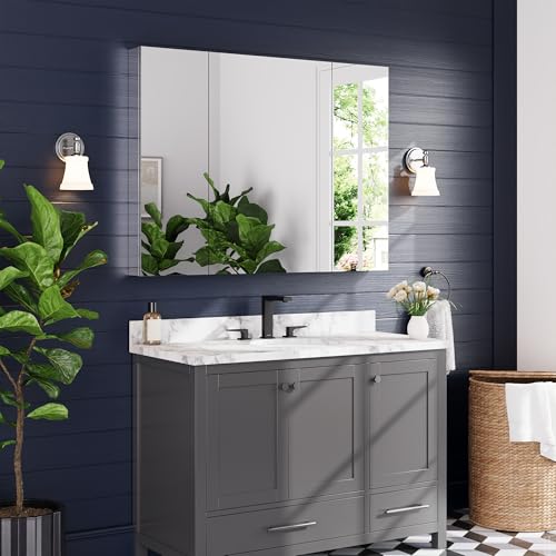48"x36" Medicine Cabinet with Mirror & Soft Close Hinges, Surface Mount or Recessed Medicine Cabinet with Adjustable Shelves, Bathroom Wall Medicine Cabinet with Storage, Aluminum Alloy Frame, Combo - size: 48" x 36"